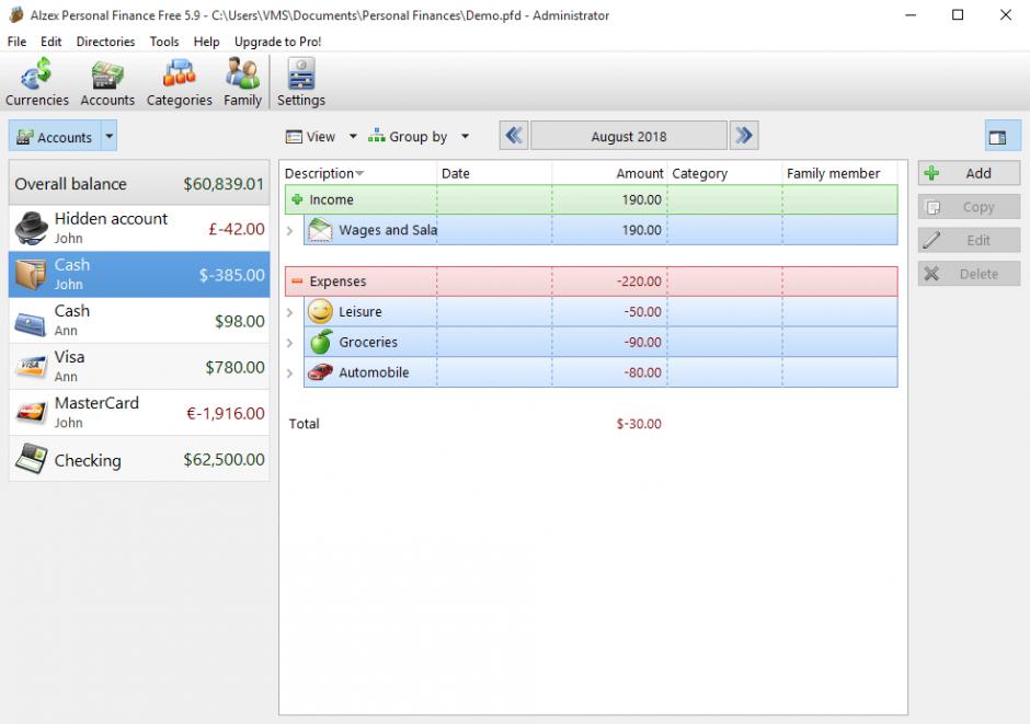 Alzex Personal Finance Free main screen