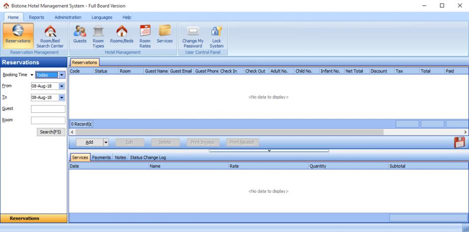 Bistone Hotel Management System main screen