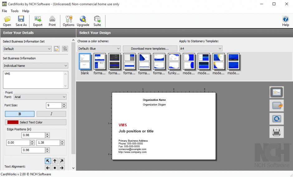 CardWorks Business Card Software main screen