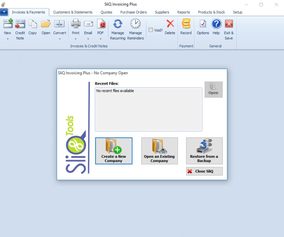 SliQ Invoicing Plus main screen