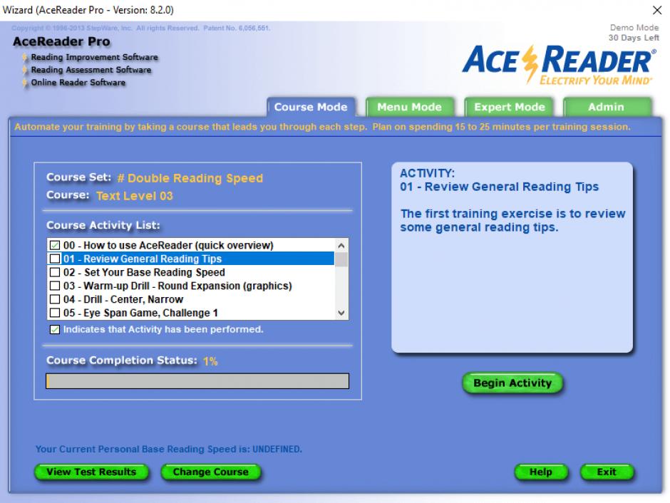 AceReader Pro main screen