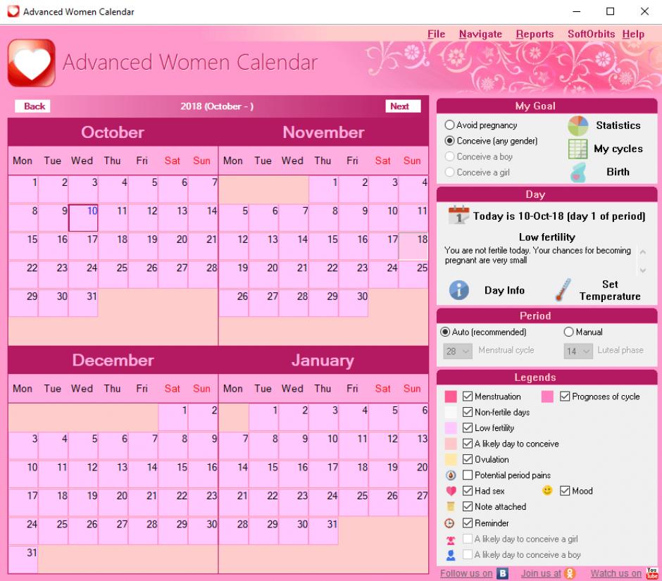 Advanced Women Calendar main screen