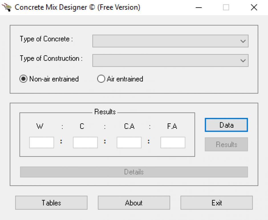 Concrete Mix Designer main screen