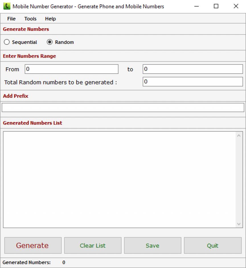 Mobile Number Generator main screen