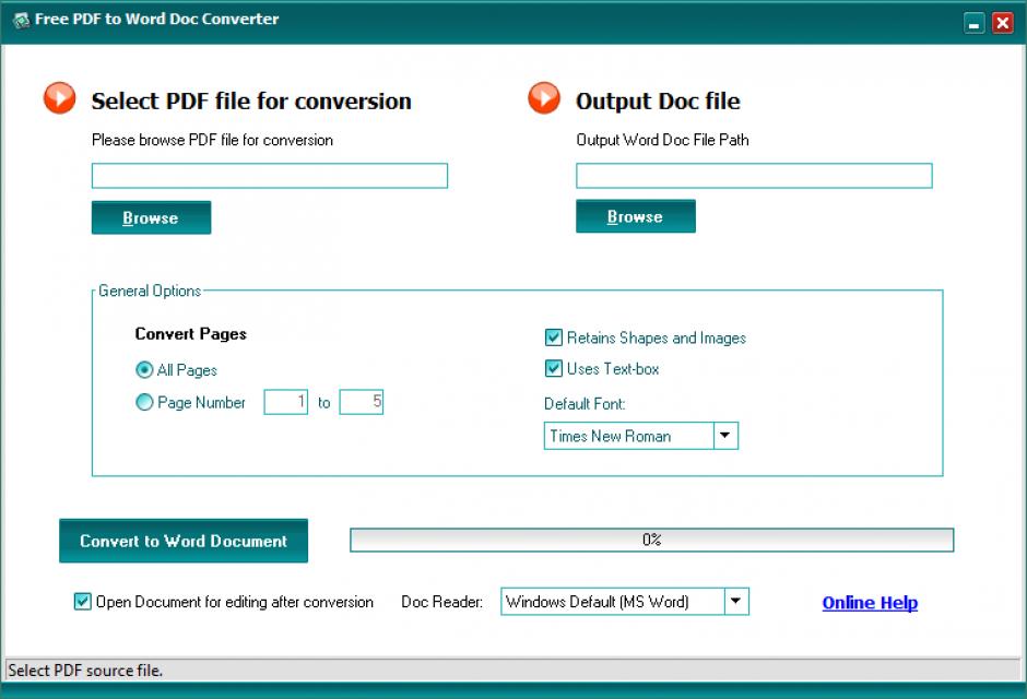 Free PDF to Word Doc Converter main screen