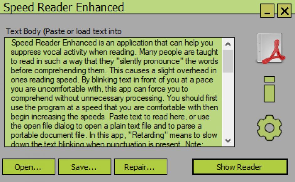 Speed Reader Enhanced main screen