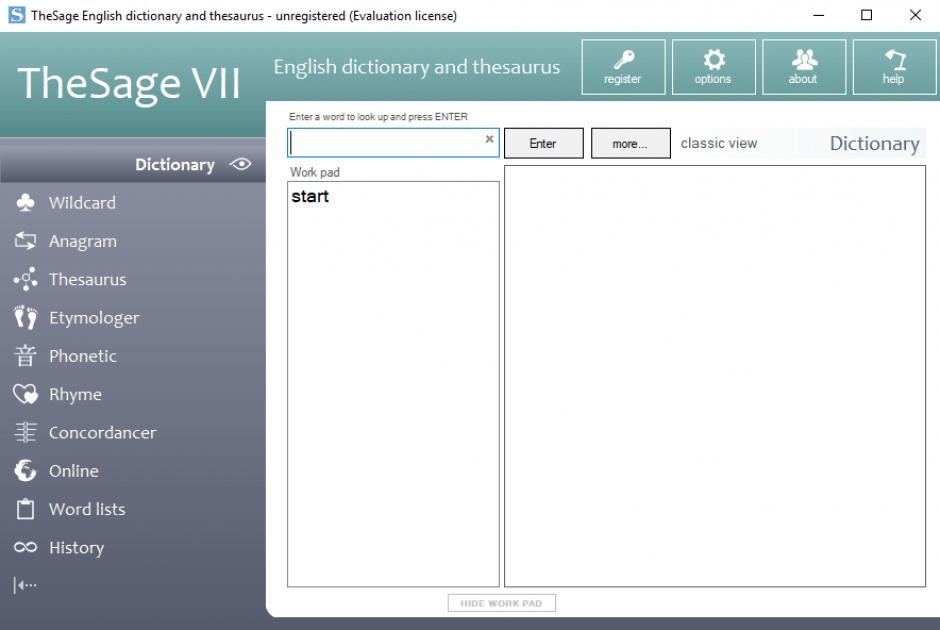 TheSage English dictionary and thesaurus main screen