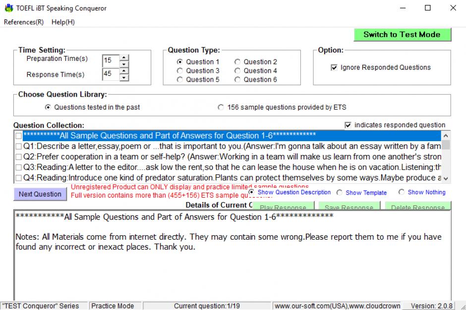 TOEFL iBT Speaking Conqueror main screen