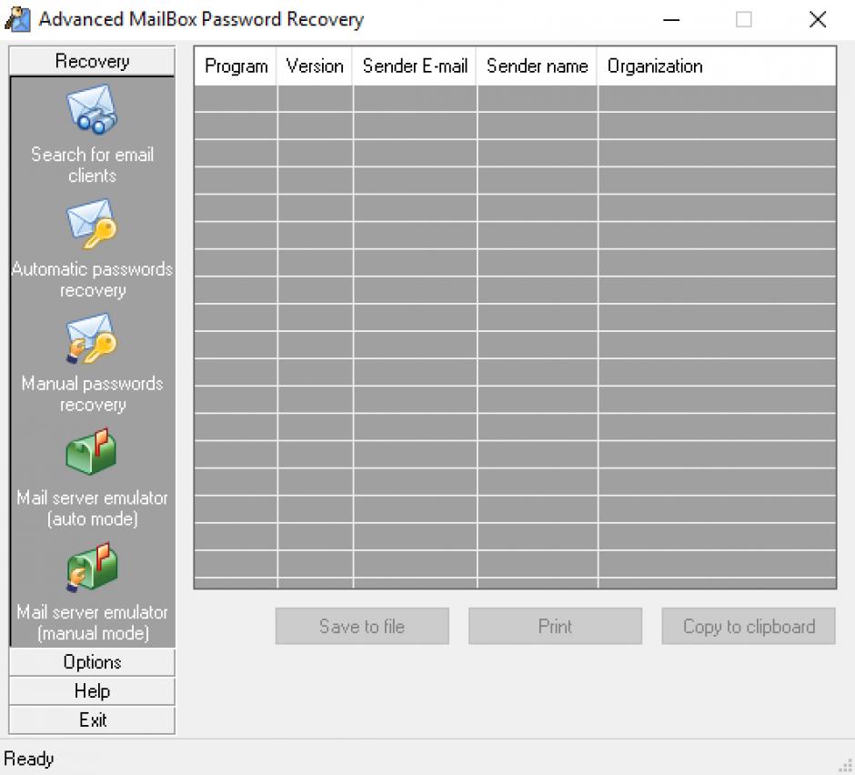 Advanced Mailbox Password Recovery main screen