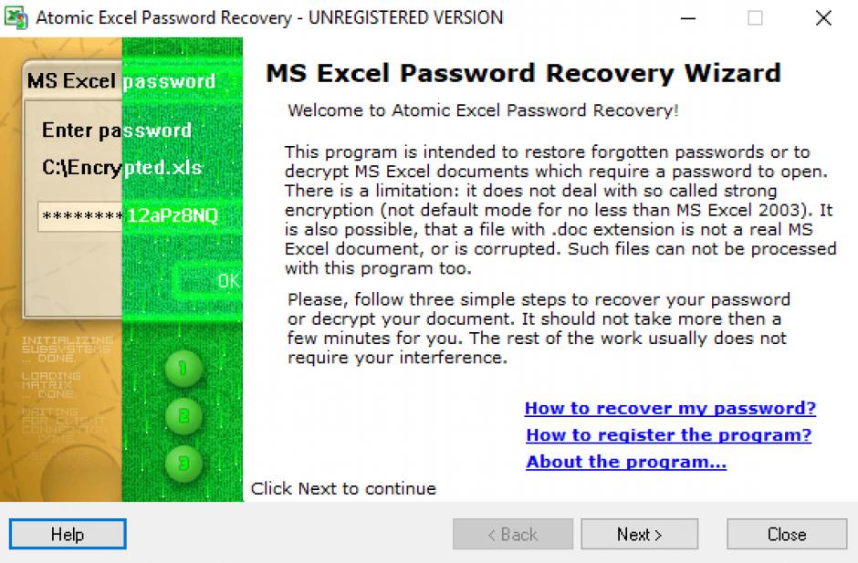 Atomic Excel Password Recovery main screen