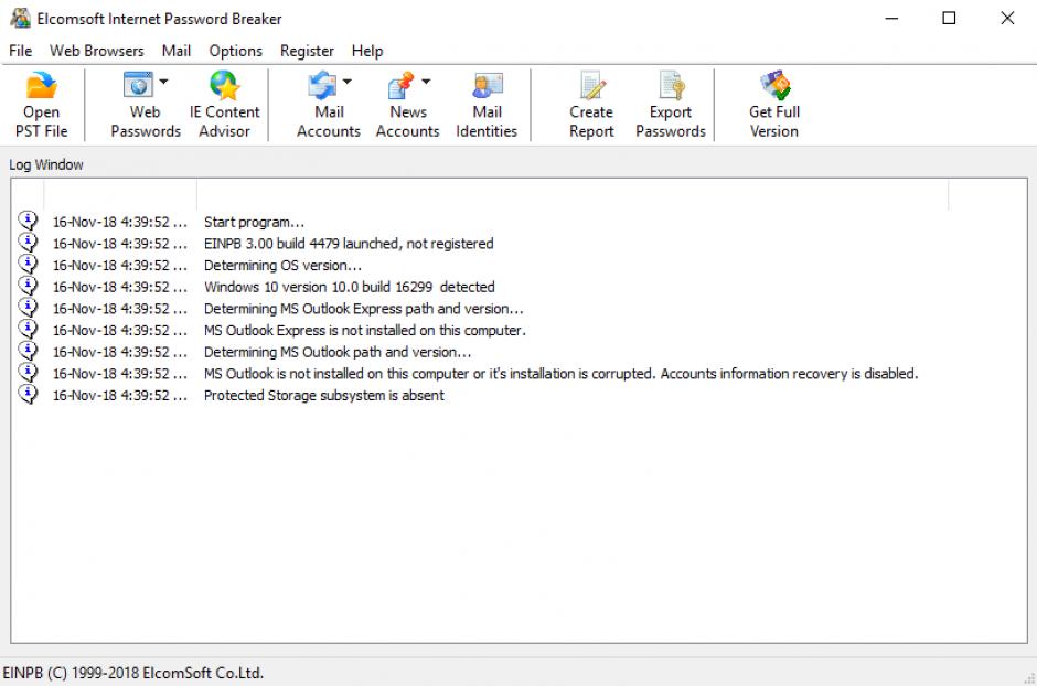 Elcomsoft Internet Password Breaker main screen