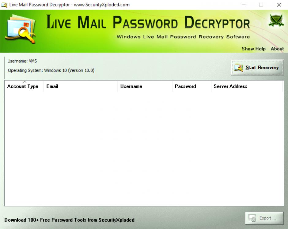 Live Mail Password Decryptor main screen