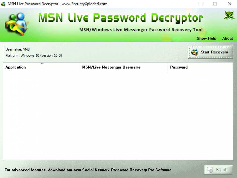 MSN Live Password Decryptor main screen