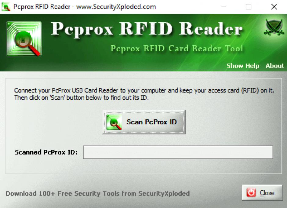 PcProx RFID Reader main screen