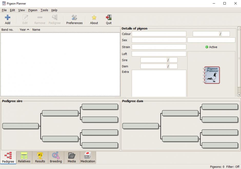 Pigeon Planner main screen