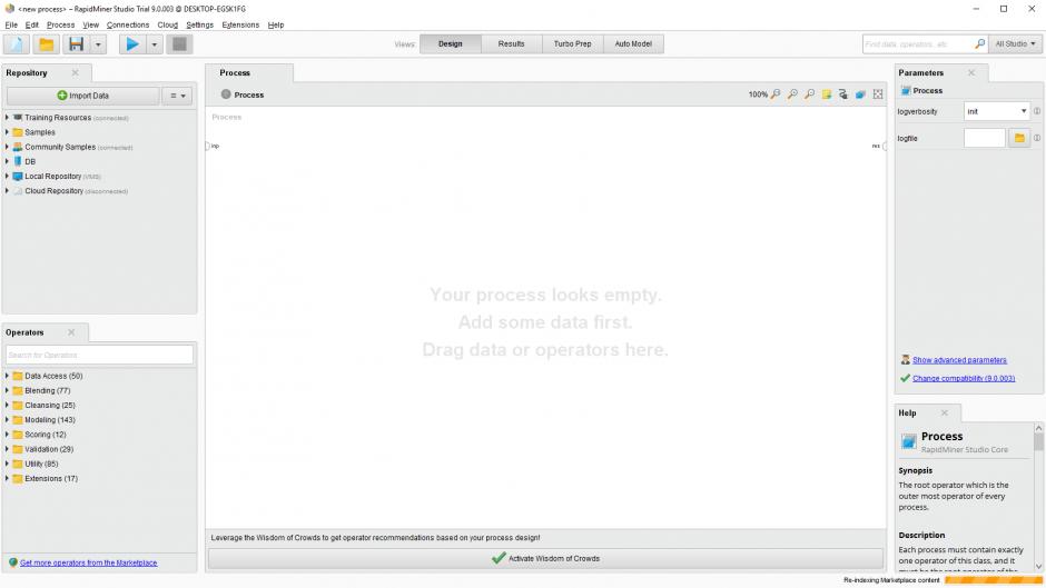 RapidMiner Studio main screen