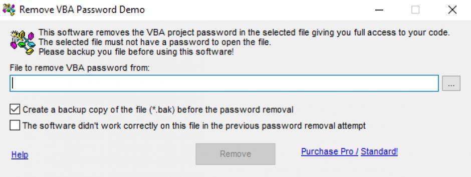 Remove VBA Password main screen