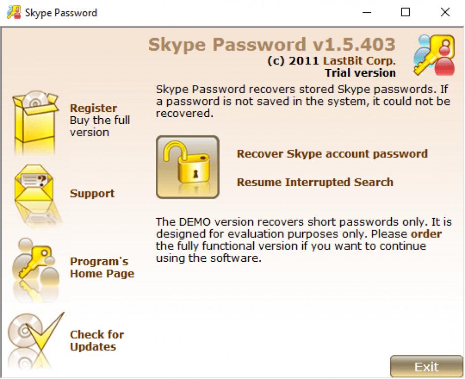Skype Password main screen
