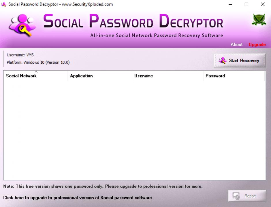 Social Password Decryptor main screen