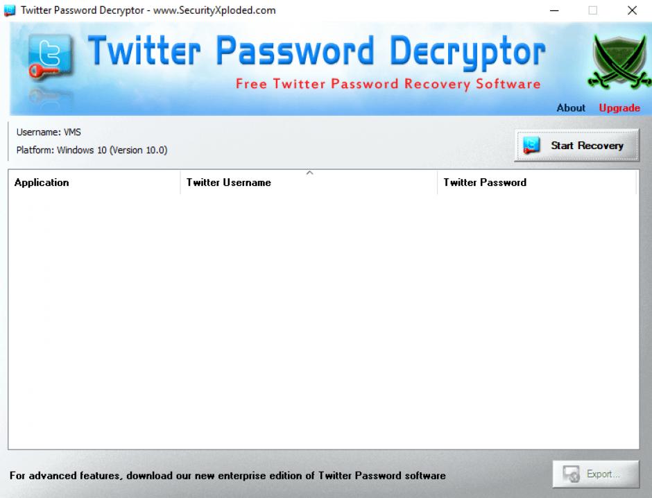 Twitter Password Decryptor main screen