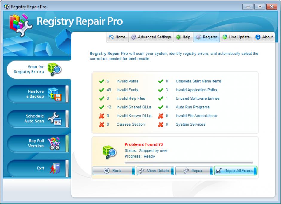 Registry Repair Pro main screen