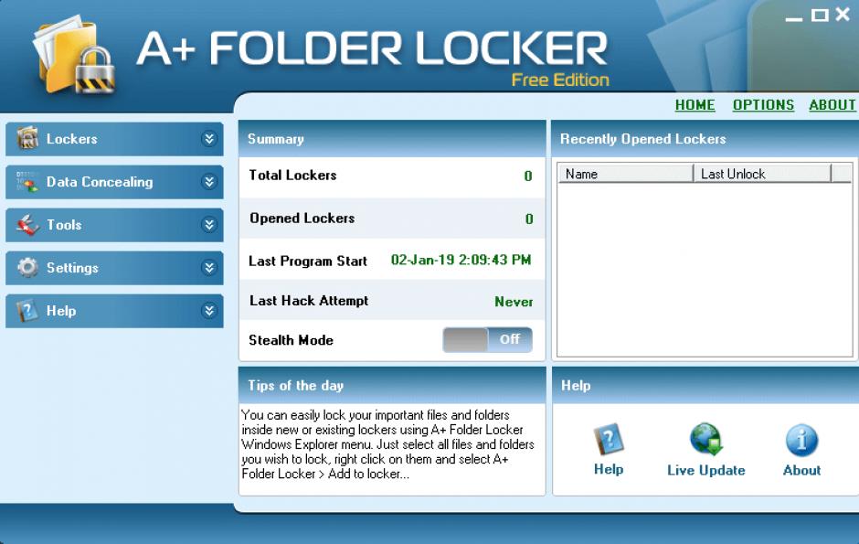 A+ Folder Locker Free Edition main screen