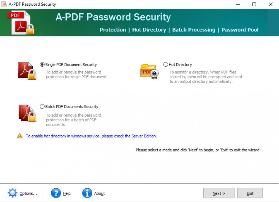 A-PDF Password Security main screen