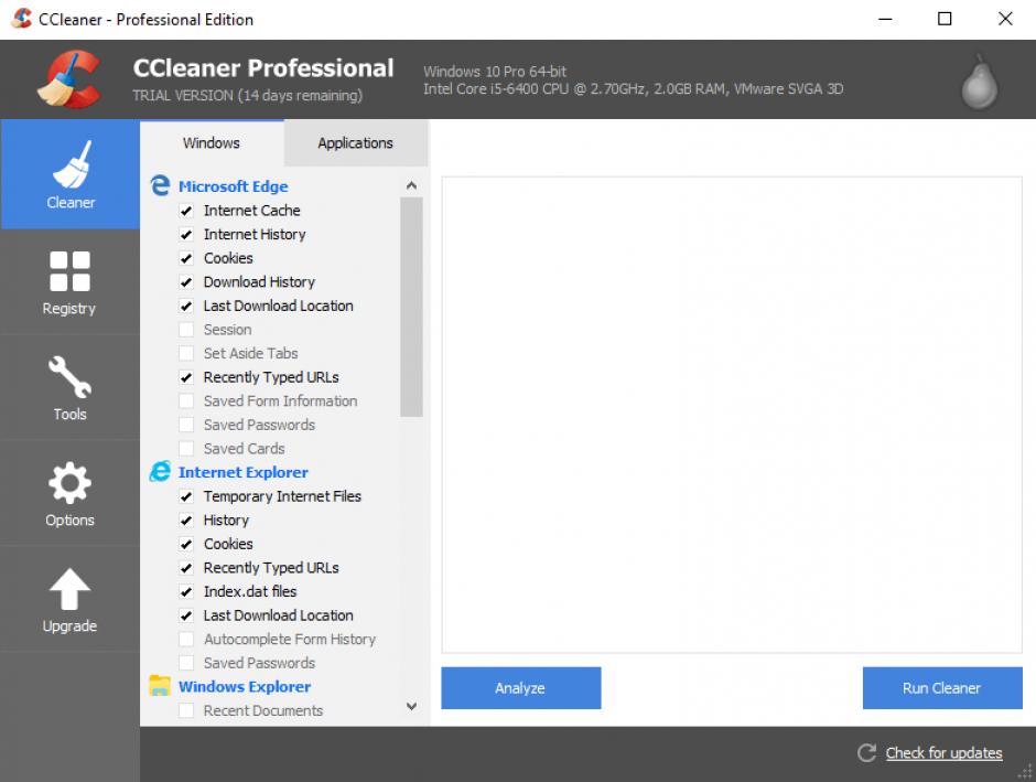 CCleaner Professional main screen