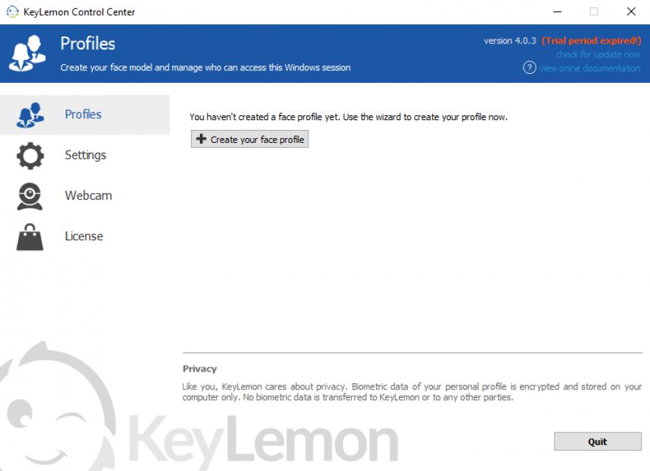 KeyLemon Control Center main screen