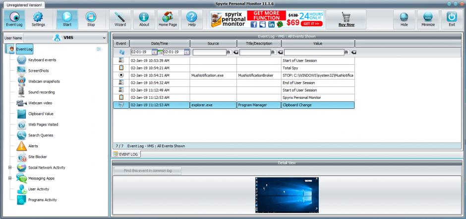 Spyrix Personal Monitor main screen