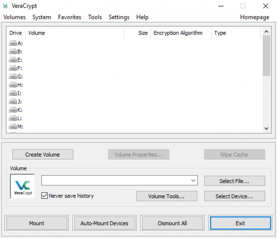 VeraCrypt main screen