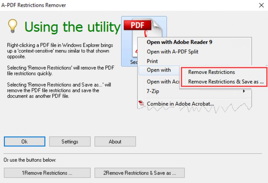 A-PDF Restrictions Remover main screen