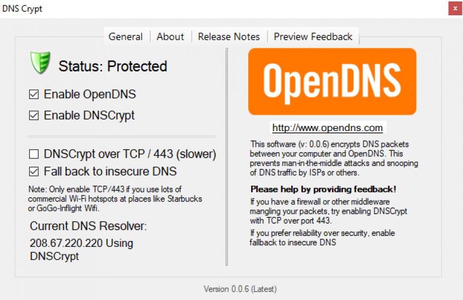 DNSCrypt main screen