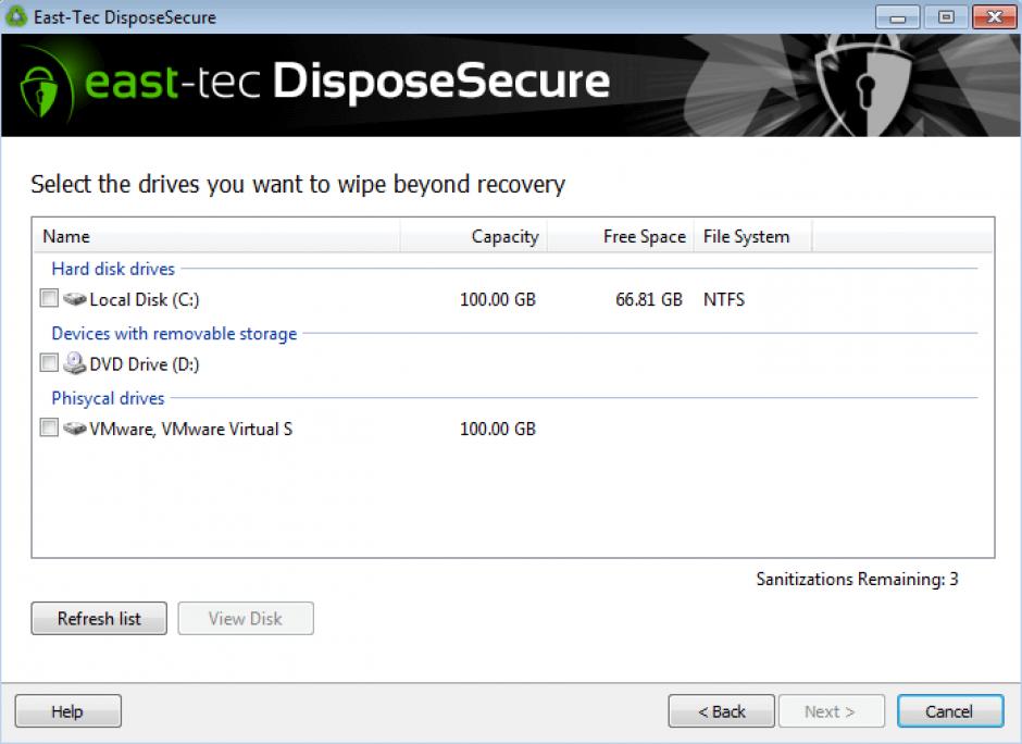 East-Tec DisposeSecure main screen