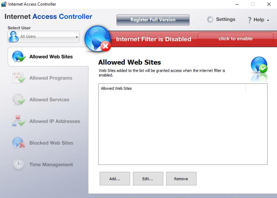 Internet Access Controller main screen