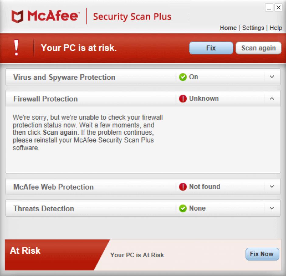 McAfee Security Scan Plus main screen