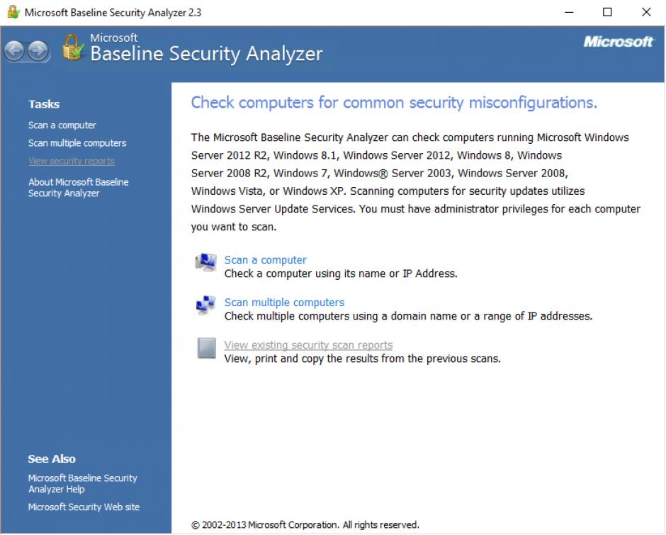 Microsoft Baseline Security Analyzer main screen