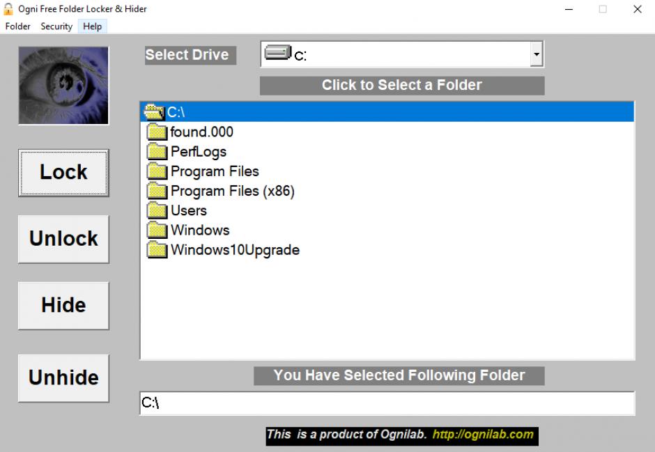 Ogni Free Folder Locker & Hider main screen