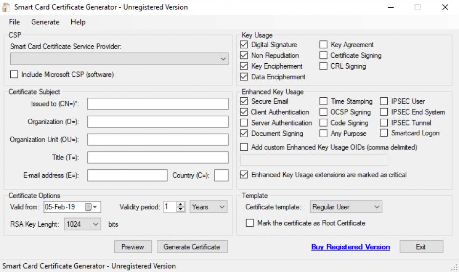 Smart Card Certificate Generator main screen
