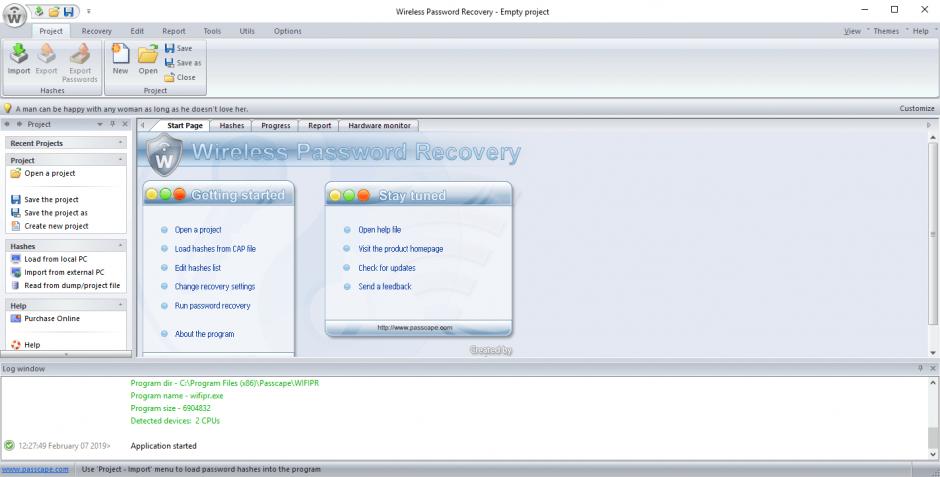 Wireless Password Recovery main screen