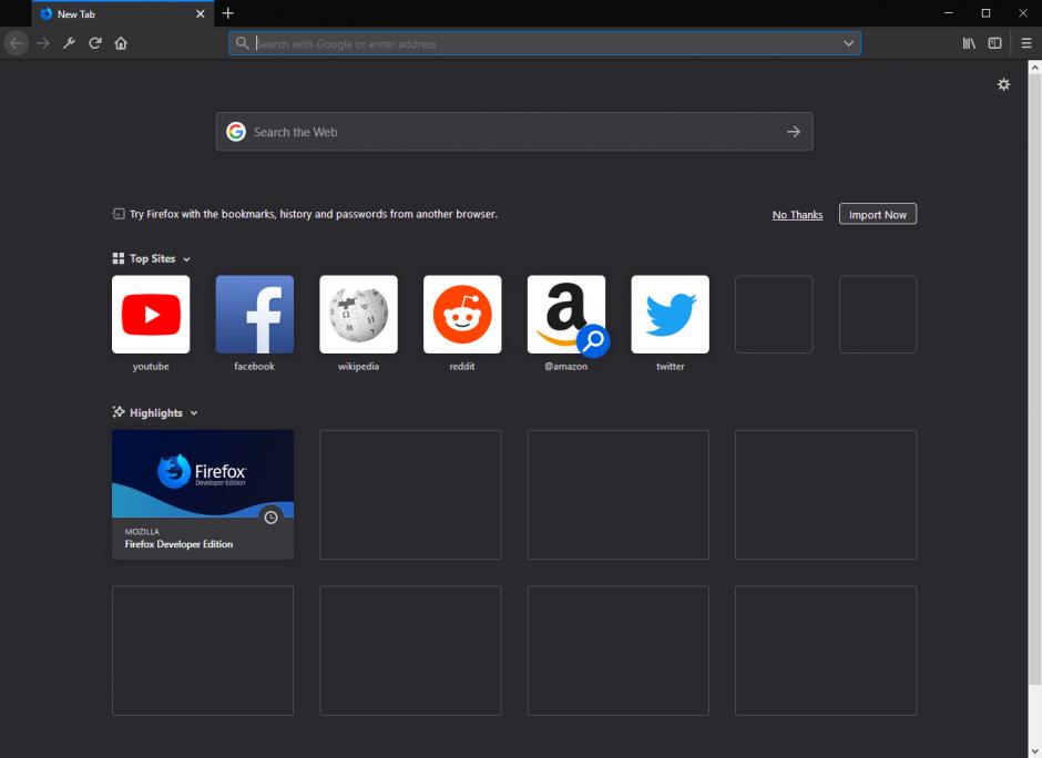 Firefox Developer Edition main screen