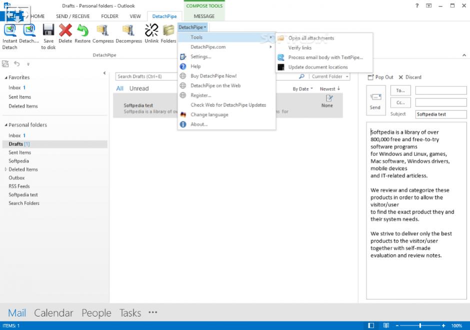 DetachPipe for Outlook main screen