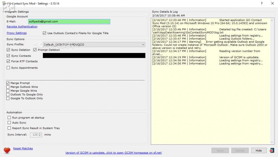 GO Contact Sync Mod main screen