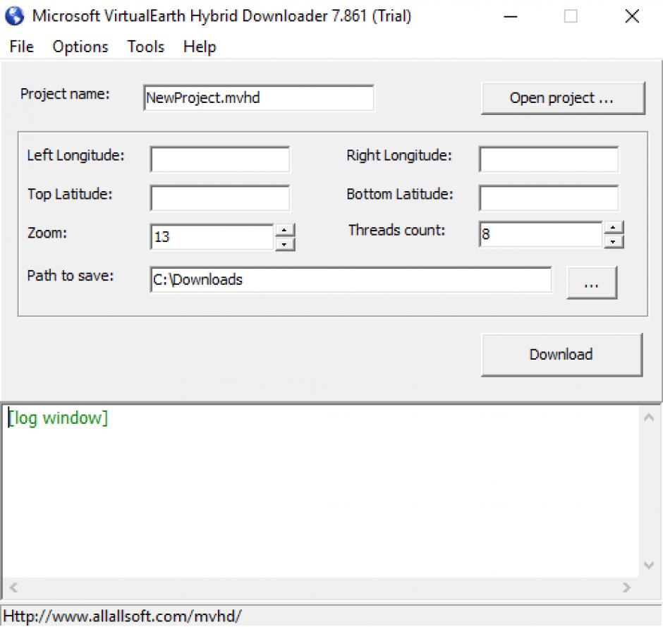 Microsoft VirtualEarth Hybrid Downloader main screen