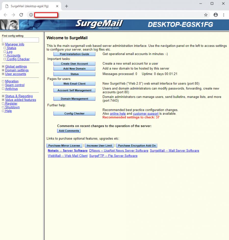 SurgeMAIL main screen