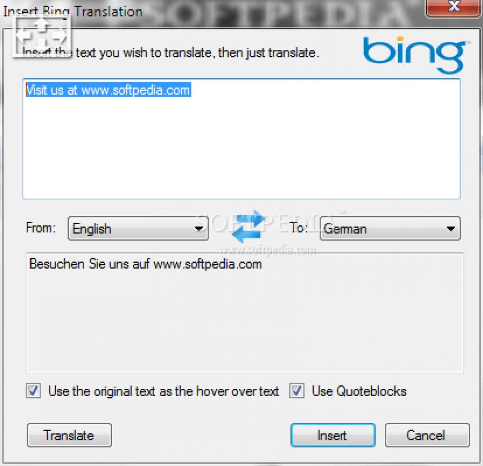 Bing Translator Plugin main screen