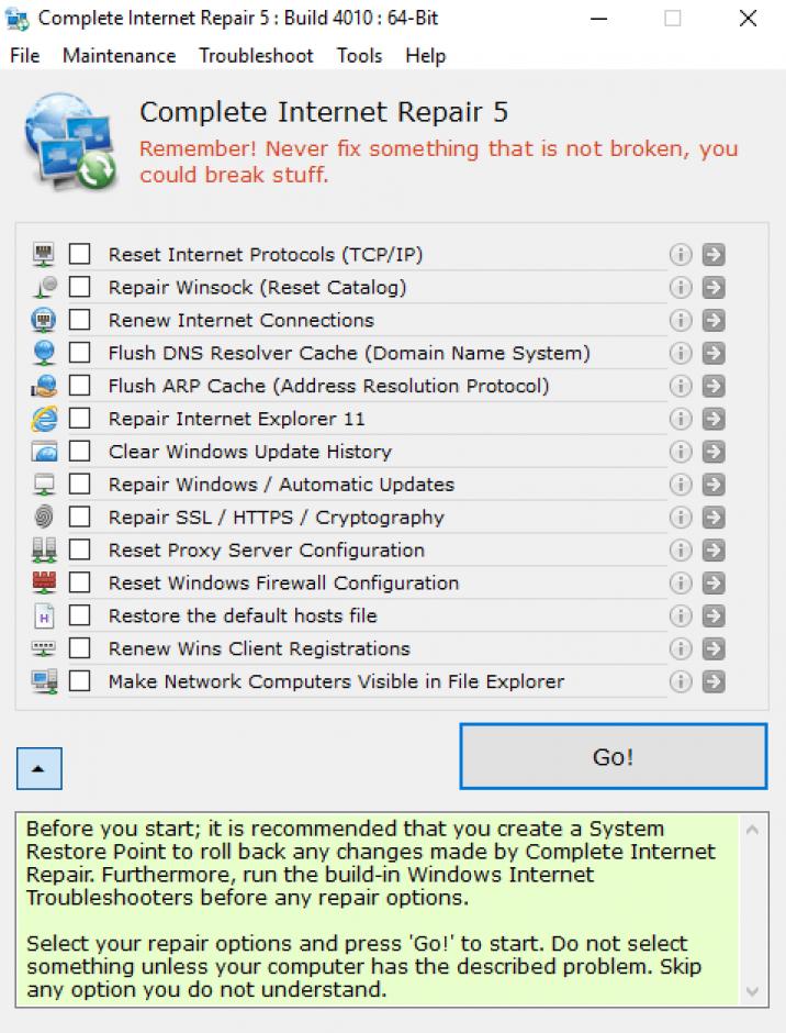 Complete Internet Repair main screen