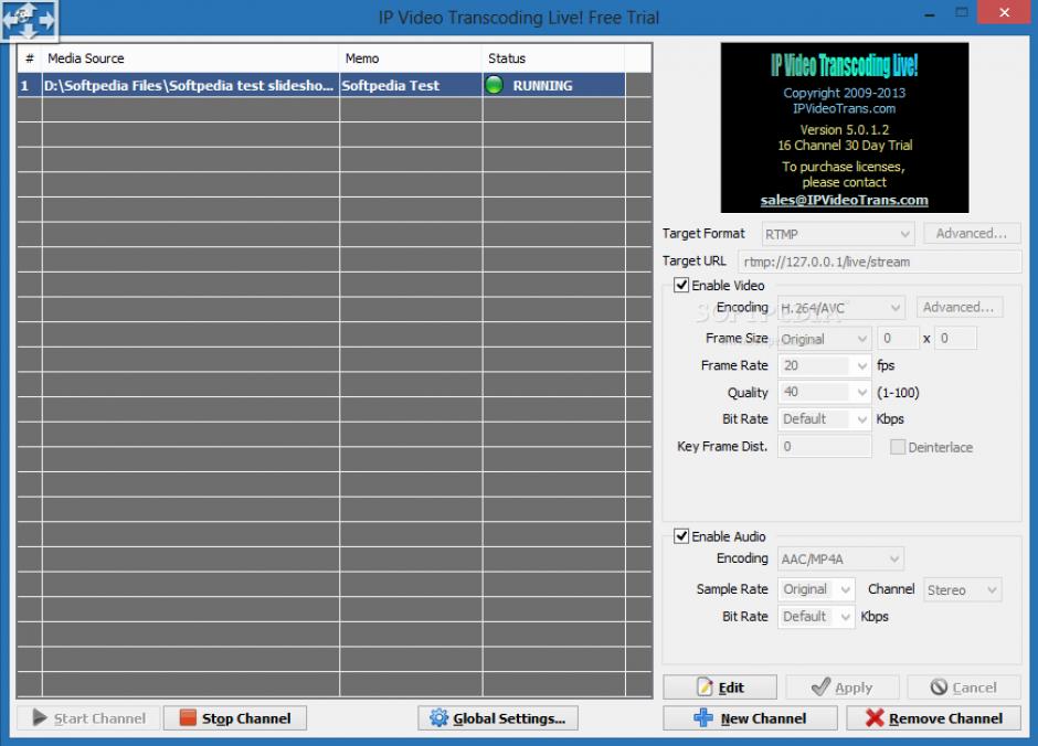 IP Video Transcoding Live! main screen