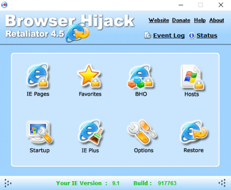 Browser Hijack Retaliator main screen