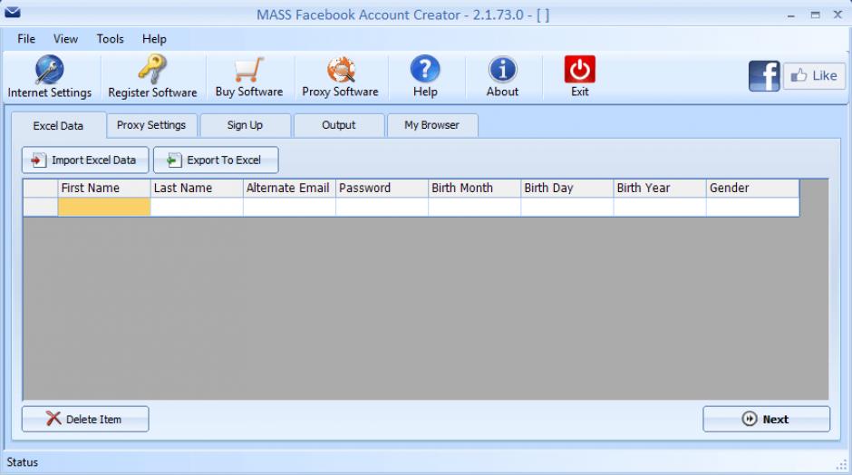 MASS Facebook Account Creator main screen